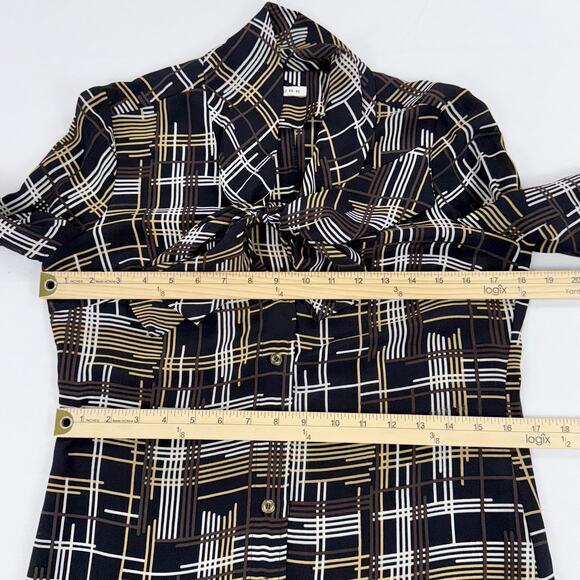 Trina Turk Women's Dame Abstract Plaid 100% Silk Tie Blouse Size 2 Black - Picture 11 of 12
